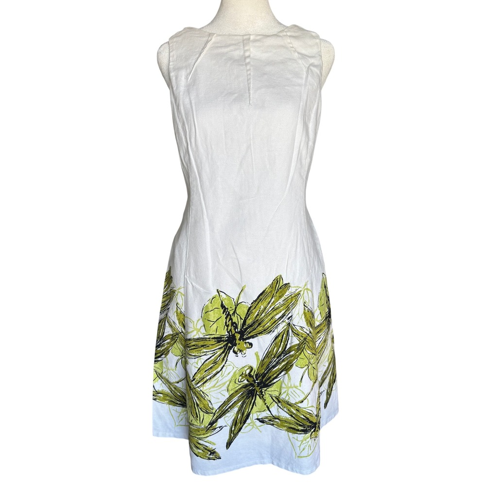 Talbots Dress Size 8P Fit Flare White Floral Dragonfly Sleeveless Linen Cotton